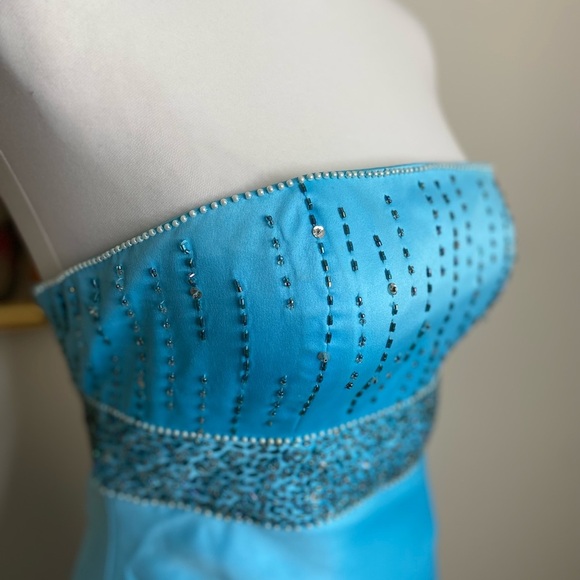 Vintage Y2K Cache Satin Beaded Strapless Long Blue Lace Up Back Dress Size 5/6 - Picture 3 of 12